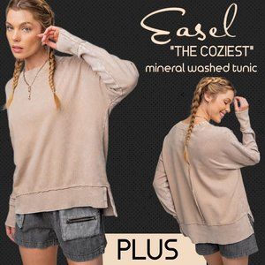 EASEL "The Coziest" Plus Size Mineral Washed Tunic Top Side Slits Oversized Boxy